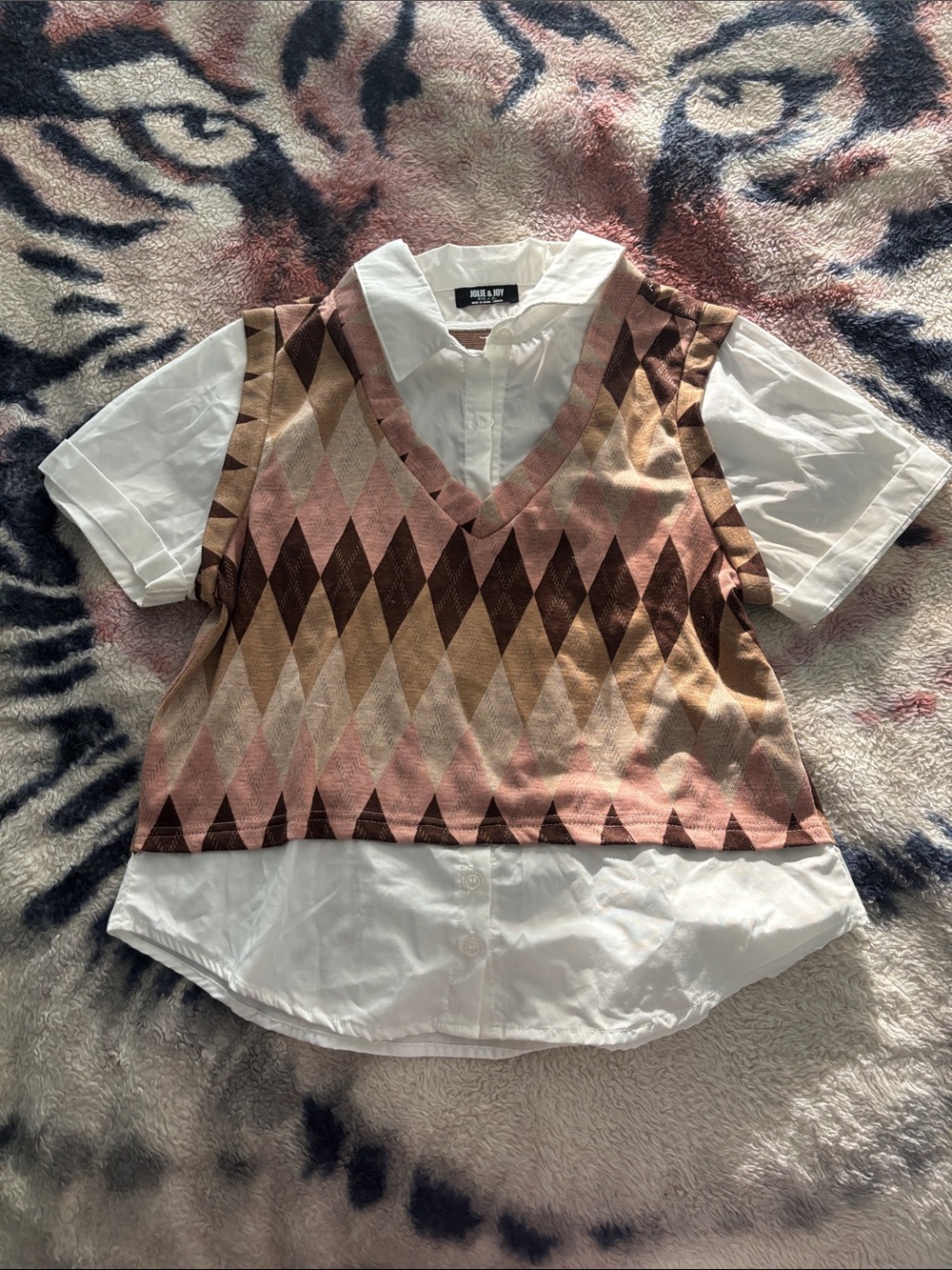 Unbranded Kids Layered-Style Button-Front Shirt with Pink & Brown Argyle Vest